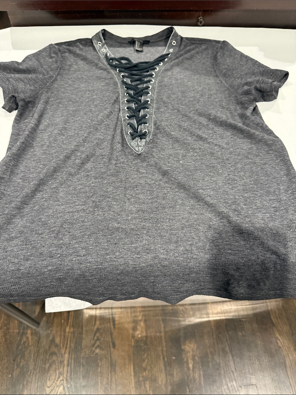 Forever 21 Charcoal Lace-Up V-Neck Short Sleeve Tee
